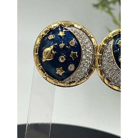 Swarovski Swan Blue Enamel Pave Crystal Star Moon Saturn Brooch & Clip Earrings - Picture 13 of 15